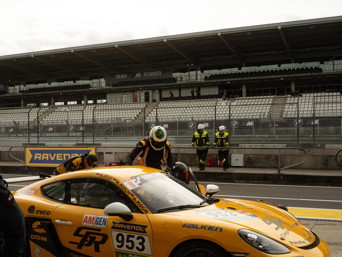 Smyrlis Racing's Porsche Cayman GT4 CS in the pit lane